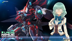  artist_request blue_hair bow bowtie braid breasts character_name coke-bottle_glasses company_name copyright_name eyebrows female flight_pack frilled_skirt frills glasses gun hand_on_own_chest highres jacket lacis_(master_of_eternity) large_breasts light_blue_hair master_of_eternity mecha nexon nimue_(master_of_eternity) official_art official_wallpaper open_mouth rifle robot shirt side_braids skirt sleeve_cuffs sparkle striped_clothes striped_shirt swirl thrusters uniform weapon 