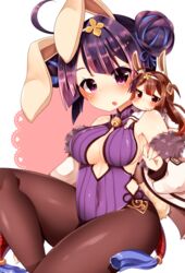  2girls absurdres ahoge animal_ears azur_lane bare_shoulders bell blush breasts brown_hair brown_pantyhose chiitamu cleavage commentary_request covered_navel double_bun fingernails fur-trimmed_jacket fur_trim hair_between_eyes hair_bun hairband highres jacket jingle_bell large_breasts leotard long_sleeves mini_person minigirl multiple_girls ning_hai_(azur_lane) ning_hai_(moon_palace_rabbit)_(azur_lane) off_shoulder official_alternate_costume pantyhose parted_lips ping_hai_(azur_lane) ping_hai_(osmanthus_moon_rabbit)_(azur_lane) puffy_long_sleeves puffy_sleeves purple_eyes purple_hair purple_leotard rabbit_ears red_eyes single_side_bun sitting teeth upper_teeth_only white_hairband white_jacket 