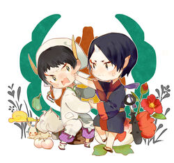  2boys anger_vein angry bad_id bad_pixiv_id bandana black_eyes black_hair chibi club_(weapon) eyeshadow fighting flower hakutaku_(hoozuki_no_reitetsu) hoozuki_(hoozuki_no_reitetsu) hoozuki_no_reitetsu horns japanese_clothes kanabou long_sleeves makeup male_focus multiple_boys oni open_mouth pointy_ears px2011 rabbit single_horn spiked_club wavy_mouth weapon yellow_eyes 