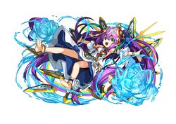  :d adachi_yousuke anklet aqua_eyes bare_shoulders barefoot bracelet detached_sleeves dress_shirt female flower full_body highres jewelry lakshmi_(p&amp;d) lotus official_art open_mouth outstretched_arms purple_hair puzzle_&amp;_dragons shirt simple_background smile solo two_side_up white_background 