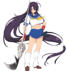  absurdly_long_hair bangs blue_eyes blush breasts female gloves hair_over_one_eye hand_on_hip ikkitousen kan&#039;u_unchou large_breasts large_hair loafers long_hair loose_socks low-tied_long_hair midriff navel official_art purple_hair school_uniform schoolgirl senran_kagura senran_kagura:_estival_versus serafuku shoes simple_background socks solo standing very_long_hair weapon white_background 