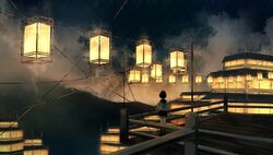  black_hair black_skirt cloud commentary_request facing_away female kyarage_(soda) lantern night night_sky original outdoors railing scenery school_uniform short_hair skirt sky solo standing 