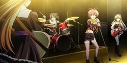  1boy 3girls brown_eyes brown_hair crossdressing drum game_cg green_eyes guitar hair_ornament instrument isurugi_chie kashiwara_sarina katakura_shinji kira_kira maejima_shikako maejima_shikanosuke multiple_girls pink_hair purple_hair shiino_kirari short_hair trap 