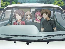  1boy 3girls brown_eyes brown_hair car car_interior closed_eyes game_cg green_eyes hair_ornament isurugi_chie kashiwara_sarina katakura_shinji kira_kira maejima_shikanosuke motor_vehicle multiple_girls pink_hair purple_hair shiino_kirari short_hair vehicle 