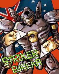  2boys australia australian_flag blonde_hair blue_eyes character_name chartie chuck_hansen commentary_request drivesuit father_and_son flag green_eyes helmet hercules_hansen jaeger_(pacific_rim) mecha military military_vehicle multiple_boys pacific_rim pilot_suit robot science_fiction striker_eureka 