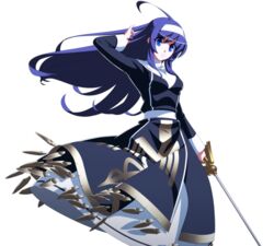  ahoge blue_eyes blue_hair dress female hairband highres holding left-handed long_hair long_sleeves official_art orie_ballardiae_harada rapier solo sword transparent_background under_night_in-birth very_long_hair weapon yoshihara_seiichi 