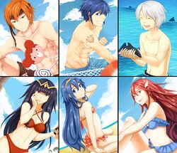  3boys 3girls beach black_hair blue_eyes blue_hair candy cloud father_and_daughter fire_emblem fire_emblem:_kakusei gaia_(fire_emblem) hair_ornament headband henry_(fire_emblem) krom lollipop long_hair looking_at_viewer lucina multiple_boys multiple_girls nintendo ocean orange_hair red_hair sarja shark sky smile tharja tiamo tree water white_hair 