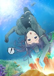  ! air_bubble arm_above_head black_pantyhose blue_eyes blue_hair breasts bubble chestnut_mouth clenched_hand clownfish commentary_request coral cosplay cropped_jacket enoshito female fish full_body garrison_cap hat highres kantai_collection large_breasts long_hair long_sleeves messy_hair military military_uniform open_mouth pantyhose pointing puffy_sleeves sea_turtle solo souryuu_(kancolle) spoken_exclamation_mark turtle u-511_(kancolle) u-511_(kancolle)_(cosplay) underwater uniform upside-down 