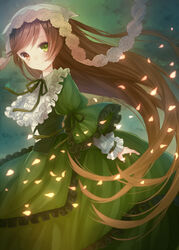  brown_hair commentary_request doll dress female frills green_eyes hat heterochromia lolita_fashion long_hair long_sleeves petals red_eyes rozen_maiden smile solo suiseiseki tamaki_iori very_long_hair 