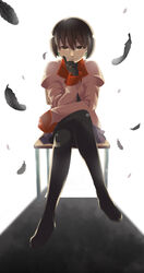  black_hair commentary crossed_legs empty_eyes feathers female gloves highres monogatari_(series) naoetsu_high_school_uniform orange_cassis oshino_ougi pantyhose photoshop_(medium) pink_shirt school_uniform shirt short_hair sitting solo 