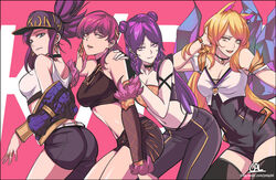  4girls ahri_(league_of_legends) akali animal_ears asymmetrical_legwear bare_shoulders blonde_hair braid breasts cal_(pmgdd) cleavage commentary crop_top double_bun evelynn_(league_of_legends) facial_mark flat_cap fox_ears fox_tail group_picture hair_bun half-closed_eyes hat idol jacket jewelry k/da_(league_of_legends) k/da_ahri k/da_akali k/da_evelynn k/da_kai&#039;sa kai&#039;sa league_of_legends lipstick looking_at_viewer makeup midriff multiple_girls off_shoulder pants pink_background pink_hair purple_hair shorts simple_background smile tail thighhighs tied_hair twin_braids uneven_legwear whisker_markings 