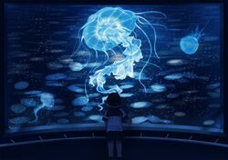  aquarium bad_id bad_pixiv_id black_hair black_skirt blue_theme commentary_request facing_away female jellyfish kyarage_(soda) original school_uniform serafuku skirt solo standing 