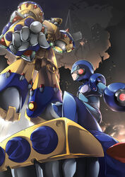  2boys absurdres android angetsu_no_koshousha arm_cannon cape commentary_request covered_eyes facial_hair general_(mega_man) helmet helmet_over_eyes hidden_eyes highres male_focus mecha mega_man_(series) mega_man_x4 mega_man_x_(series) moustache multiple_boys photoshop_(medium) robot weapon x_(mega_man) 