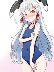  anger_vein blue_hair blush choker commentary_request covered_navel covering_crotch covering_privates female gochou_(kedama) hair_ribbon kantai_collection long_hair looking_at_viewer murakumo_(kancolle) one-piece_swimsuit ribbon school_swimsuit short_eyebrows sidelocks solo swimsuit tears translated wavy_mouth yellow_eyes 