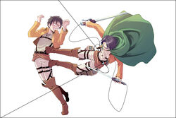  2boys angry ascot boots cape commentary_request eren_yeager flying_kick foam full_body hisaburo_(pppsubmajin) jacket kicking levi_(shingeki_no_kyojin) multiple_boys paradis_military_uniform photoshop_(medium) shingeki_no_kyojin simple_background thigh_strap three-dimensional_maneuver_gear weapon wire 