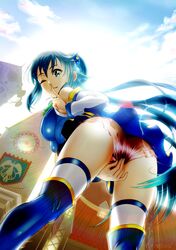  absurdres aqua_(konosuba) aqua_eyes ass bent_over between_legs blue_hair blue_thighhighs boots breasts building cloud cloudy_sky commentary_request covering_crotch covering_privates dated day detached_sleeves dress female finger_to_mouth hair_bobbles hair_ornament hair_rings hand_between_legs highres index_finger_raised kono_subarashii_sekai_ni_shukufuku_wo! lens_flare long_hair looking_at_viewer looking_back medium_breasts one_eye_closed oshiyon panties pantyshot pink_panties see-through short_dress sky smile solo standing sunlight thigh_boots thighhighs twitter_username underwear upskirt white_thighhighs 