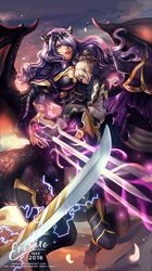  2girls armor armored_boots axe barefoot black_armor black_footwear black_panties boots breasts camilla_(fire_emblem) cape cleavage closed_eyes commentary_request dragon enmoire fire_emblem fire_emblem_fates gloves grey_hair groin hair_bun hair_over_one_eye high_heel_boots high_heels highres jewelry kana_(female)_(fire_emblem) kana_(fire_emblem) large_breasts lips long_hair multiple_girls panties pointy_ears purple_eyes purple_hair raijinto_(fire_emblem) siegfried_(sword) simple_background single_hair_bun thigh_boots thighhighs thighs tiara underwear very_long_hair wavy_hair wyvern 