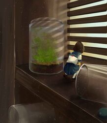  bad_id bad_pixiv_id black_hair blue_skirt brown_footwear commentary_request female grass highres indoors jar kyarage_(soda) mini_person minigirl original scenery school_uniform serafuku shoes short_hair skirt squatting white_legwear window_blinds windowsill 