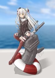  amatsukaze_(kancolle) commentary_request dress female highres kantai_collection kuronekozero lifebuoy long_hair looking_at_viewer ocean rensouhou-chan rensouhou-kun short_dress sitting striped_clothes striped_thighhighs swim_ring thighhighs two_side_up white_hair yellow_eyes 