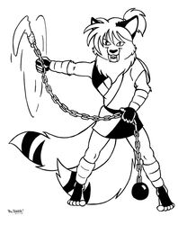  anthro bark!_(artist) black_and_white black_markings chains fangs felid hair inuyasha male mammal markings monochrome ponytail side_ponytail signature solo teeth weapon 