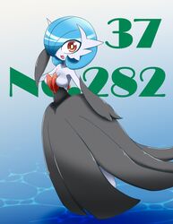  alternate_color blue_background blue_hair blush breasts female female full_body gardevoir gen_3_pokemon gradient gradient_background hand_up looking_at_viewer medium_breasts mega_gardevoir mega_pokemon neichii no_humans no_nipples open_mouth pokemon pokemon_(creature) red_eyes shiny_pokemon short_hair simple_background smile solo standing text 