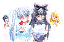  4girls black_eyes black_hair blake_belladonna blonde_hair blue_eyes bow cape commentary hairbow long_hair mizoreame multiple_girls ponytail purple_eyes ruby_rose rwby short_hair weiss_schnee white_hair yang_xiao_long yellow_eyes 