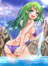  ass bad_id bad_pixiv_id bikini blue_eyes blush female from_behind green_hair halterneck highres kochiya_sanae long_hair looking_back open_mouth outdoors side-tie_bikini_bottom smile solo strap_gap string_bikini swimsuit touhou untied velia wading water 