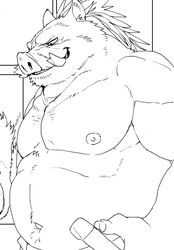  anthro belly clothed clothing facial_hair kemono kmd023 male mammal melee_weapon monochrome moustache muscular muscular_anthro muscular_male navel nipples pecs solo suid suina sus_(pig) sword topless weapon wild_boar 