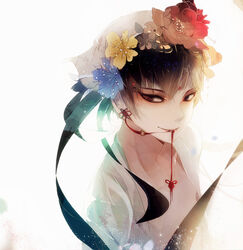  1boy bandana black_hair commentary_request earrings eyeshadow flower hair_flower hair_ornament hakutaku_(hoozuki_no_reitetsu) hoozuki_no_reitetsu jewelry left_mouse light_particles looking_at_viewer makeup male_focus mouth_hold open_clothes photoshop_(medium) smile solo 