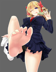  2boys :p bad_id bad_pixiv_id barefoot black_panties blonde_hair blue_eyes breasts buttons character_request covered_nipples drill_hair feet female food foot_focus giant giantess grey_background hair_ribbon highres holding holding_clothes holding_legwear ice_cream large_breasts leg_up licking_lips long_hair mini_person miniboy multiple_boys necktie one_eye_closed panties photoshop_(medium) popsicle ribbon school_uniform shukushou_gakuen simple_background skirt smile soles sonnano toes tongue tongue_out underwear wiggling_toes 