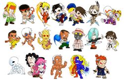  6+boys 6+girls akuma_(street_fighter) alex_(street_fighter) anklet barefoot brothers chibi chun-li commentary_request dark-skinned_male dark_skin dudley effie_(street_fighter) elena_(street_fighter) everyone gill_(street_fighter) hip_vent hugo_andore ibuki_(street_fighter) jewelry ken_masters makoto_(street_fighter) multiple_boys multiple_girls necro_(street_fighter) oro_(street_fighter) pantyhose pelvic_curtain poison_(final_fight) q_(street_fighter) remy_(street_fighter) ryu_(street_fighter) sean_matsuda siblings simple_background street_fighter street_fighter_iii_(series) twelve urien very_dark_skin white_background yang_lee yun_lee zya_pck 