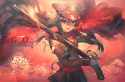  antique_firearm belt black_hair cape commentary_request copyright_name crest family_crest fate/grand_order fate_(series) female firelock floating_hair flower gradient_background gun hair_between_eyes hat koha-ace long_hair looking_at_viewer matchlock military military_uniform oda_nobunaga_(fate) oda_nobunaga_(koha-ace) oda_uri open_mouth peaked_cap red_background red_eyes sidelocks solo spider_lily uniform upper_body weapon yoshimoto_(dear_life) 