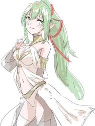  blush breasts commentary_request cosplay female fire_emblem fire_emblem:_mystery_of_the_emblem fire_emblem_awakening green_eyes green_hair hair_ornament hairband jewelry long_hair looking_at_viewer medium_breasts midriff navel olivia_(fire_emblem) olivia_(fire_emblem)_(cosplay) pointy_ears ponytail simple_background skeptycally solo tiara tiki_(adult)_(fire_emblem) tiki_(fire_emblem) 