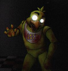  2015 animatronic anthro avian bird blood bodily_fluids c-a-t-p-a-w_(artist) chicken digital_media_(artwork) featureless_crotch female five_nights_at_freddy&#039;s five_nights_at_freddy&#039;s_2 galliform gallus_(genus) glowing glowing_eyes machine mammal phasianid portrait robot scottgames solo static three-quarter_portrait unwithered_chica_(fnaf) 