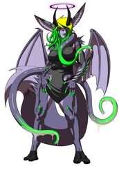  2_toes 4_breasts 5_fingers anthro bat_wings big_breasts big_tail blonde_hair breasts canid canine claws clothed clothing demon feet female fingers fully_clothed fur green_hair hair horn hybrid lips long_ears looking_at_viewer lunate lunia_(lunate) mammal membrane_(anatomy) membranous_wings multi_breast multicolored_hair muscular muscular_anthro muscular_female purple_body purple_fur simple_background slime solo tail tentacle thick_bottom_lip toes two_tone_hair white_background wings 