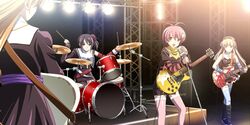  1boy 3girls brown_eyes brown_hair crossdressing drum game_cg green_eyes guitar hair_ornament instrument isurugi_chie kashiwara_sarina katakura_shinji kira_kira maejima_shikako maejima_shikanosuke multiple_girls pink_hair purple_hair shiino_kirari short_hair trap 