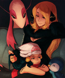  2girls age_difference beanie blonde_hair blue_eyes blue_hair breasts cleavage commentary cynthia_(pokemon) dawn_(pokemon) ehryel english_commentary feather_boa hair_ornament hat lap_pillow long_hair medium_breasts milotic multiple_girls piplup pokemon pokemon_(creature) pokemon_dppt scarf smile yuri 