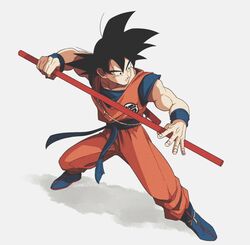  1boy black_eyes black_hair boots dougi downscaled dragon_ball dragon_ball_z expressionless fighting_stance fingernails grey_background looking_away male_focus md5_mismatch nyoibo resized shaded_face shadow short_hair simple_background son_gokuu spiked_hair tama_azusa_hatsu twitter_username wristband 