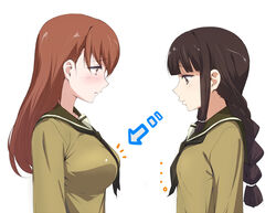  2girls blush braid breast_envy brown_eyes brown_hair commentary_request highres kantai_collection kitakami_(kancolle) long_hair multiple_girls ooi_(kancolle) school_uniform shounan_ruizu 