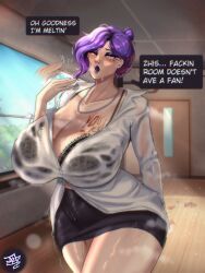  absurdres ass borrowed_character breasts chest_tattoo collared_shirt highres huge_ass jebjebbz jebz large_breasts lingerie louise_(jebjebbz) nose_piercing original pencil_skirt piercing purple_hair purple_lips shirt skirt sweat tattoo underwear wet white_shirt 