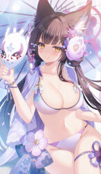  animal_ears bead_bracelet beads bikini black_hair blue_archive blush bracelet breasts cleavage collarbone colored_inner_hair commentary_request eyeliner female flower fox_ears fox_girl fox_mask fox_tail grin hair_flower hair_ornament halo highres jewelry large_breasts long_hair looking_at_viewer low_twintails makeup mask multicolored_hair myusha partial_commentary red_hair smile solo swimsuit tail thighs twintails wakamo_(blue_archive) wakamo_(swimsuit)_(blue_archive) white_bikini yellow_eyes 