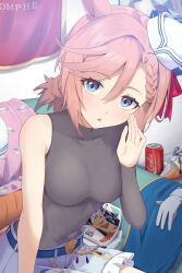  animal_ears asymmetrical_bodysuit belt black_bodysuit blue_belt blue_eyes blush bodysuit braid braided_bangs brand_name_imitation breasts brown_hair can chahanramen covered_navel diamond-shaped_pupils diamond_(shape) dixie_cup_hat drink_can female frilled_shorts frills gloves hair_between_eyes hat highres horse_ears horse_girl looking_at_viewer medium_breasts military_hat ponytail shorts single_sleeve sitting soda_can solo symbol-shaped_pupils umamusume unworn_gloves venus_paques_(umamusume) whispering white_gloves white_hat white_shorts 