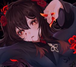  arm_up black_background blood blood_on_face breasts bright_pupils brown_hair clenched_hand close-up dorsiflexion_(wrist) double-parted_bangs empty_eyes female flower flower-shaped_pupils genshin_impact hair_between_eyes hair_flower hair_ornament head_tilt highres holding holding_petal hu_tao_(genshin_impact) long_hair long_sleeves looking_at_viewer no_headwear outstretched_arm parted_lips petals portrait red_flower red_petals small_breasts solo spider_lily symbol-shaped_pupils third-party_source white_pupils wide_sleeves xiao_love 