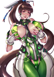  bodysuit breasts brown_eyes brown_hair curvy eve_(stellar_blade) female fingerless_gloves gloves grabbing_own_breast green_bodysuit kachima large_breasts long_hair planet_diving_suit_(7th)_(stellar_blade) ponytail silver_bodysuit solo stellar_blade thick_thighs thighs very_long_hair white_gloves wide_hips 