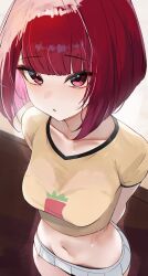  arima_kana arms_behind_back blunt_bangs breasts collarbone commentary female groin highres looking_at_viewer navel oshi_no_ko pink_eyes pointy_chin red_hair rifufu shirt short_hair short_sleeves solo symbol-only_commentary underwear yellow_shirt 