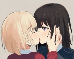  2girls black_hair blonde_hair blue_dress brown_background closed_eyes commentary_request dress french_kiss hand_on_another&#039;s_face highres inoue_takina kissing long_hair lycoris_recoil lycoris_uniform multiple_girls nishikigi_chisato purple_eyes red_dress s41ty short_hair tongue tongue_out yuri 