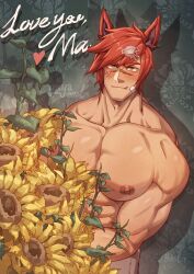  1boy abs absurdres bandaid bandaid_on_face bara blush floral_background floral_print flower hair_ornament hairpin heart highres large_pectorals league_of_legends male_focus manly mature_male muscular muscular_male nipples nose_blush oerba_yun_fang pants pectorals red_hair sett_(league_of_legends) simple_background smirk solo sticker sticker_on_face sunflower thick_arms thick_eyebrows topless_male yellow_eyes yuyaowl 