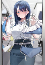  absurdres bikini black_hair blue_bikini blue_eyes blurry blurry_background breasts closed_mouth clothes_hanger commentary_request denim denim_skirt female hair_between_eyes highres holding holding_clothes_hanger indoors kouhai-chan_(udon) large_breasts long_hair mirror office_lady original reflection shirt shop short_sleeves skirt solo swimsuit udon_(udonalium) white_bikini white_shirt 