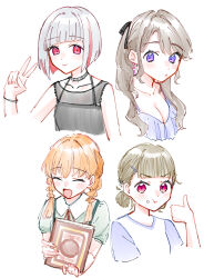  4girls :/ ^_^ absurdres alternate_costume bikini black_dress black_ribbon blunt_bangs blush bob_cut book braid breasts brown_hair center-flap_bangs closed_eyes closed_mouth collared_shirt colored_inner_hair commentary cropped_torso crossed_bangs diagonal_bangs double_bun dress facing_viewer frilled_bikini frills fujishima_megumi green_shirt grey_choker grey_hair hair_bun hair_ribbon highres hinoshita_kaho holding holding_book inverted_bob kachimachi_kosuzu large_breasts link!_like!_love_live! long_hair looking_at_viewer love_live! low_twin_braids medium_breasts medium_hair multicolored_hair multiple_girls neck_ribbon orange_hair pink_eyes puffy_short_sleeves puffy_sleeves purple_bikini purple_eyes purple_sleeves red_eyes red_hair red_ribbon ribbon shirt short_hair short_sleeves simple_background sleeveless sleeveless_dress smile streaked_hair swimsuit thumbs_up twin_braids two_side_up v v-shaped_eyebrows very_low_bun virtual_youtuber white_background white_shirt yugiri_tsuzuri zangemiya 