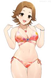  absurdres ass_visible_through_thighs bikini breasts cleavage cowboy_shot dated female flipped_hair floral_print forehead heart heart_necklace highres idolmaster idolmaster_cinderella_girls idolmaster_cinderella_girls_starlight_stage jewelry light_brown_hair medium_breasts mole mole_on_breast navel necklace ohta_yuu onao open_mouth short_hair side-tie_bikini_bottom simple_background solo swimsuit thigh_gap thighs wet white_background yellow_eyes 